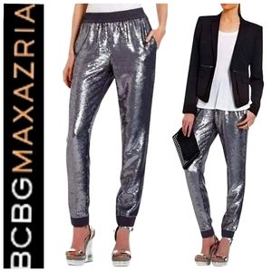 BCBGMAXAZRIA Silver Sequin Jogger Pants